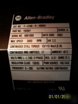 Allen bradley brushless ac servo motor f-6100-r-hooaa 